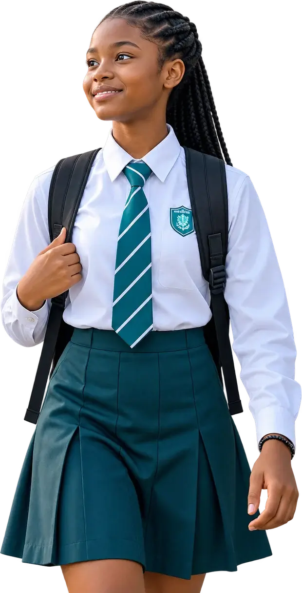A secondary school student in uniform heading to class